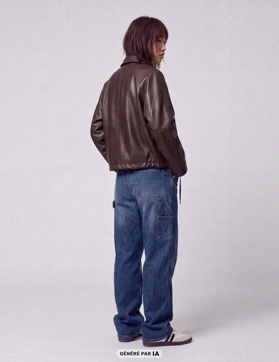 Blouson oversize court similicuir marron fonc&eacute;
