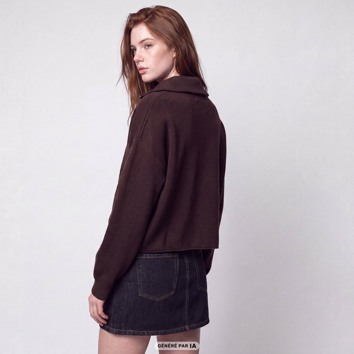 Pull col camionneur manches longues marron fonc&eacute;