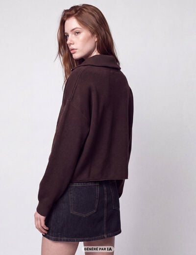 Pull col camionneur manches longues marron fonc&eacute;