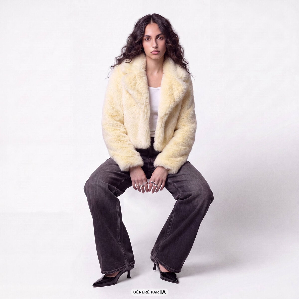 Manteau droit cropped fausse fourrure jaune clair