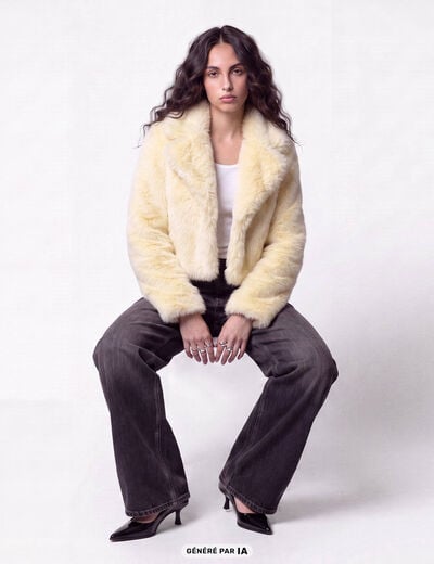Manteau droit cropped fausse fourrure jaune clair