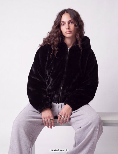 Blouson capuche fausse fourrure noir