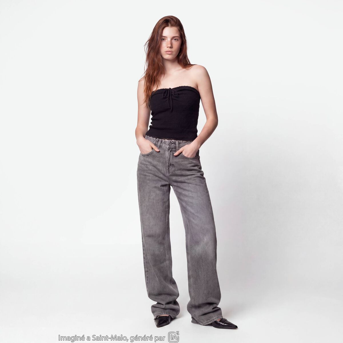 Jean regular taille haute denim gris ado