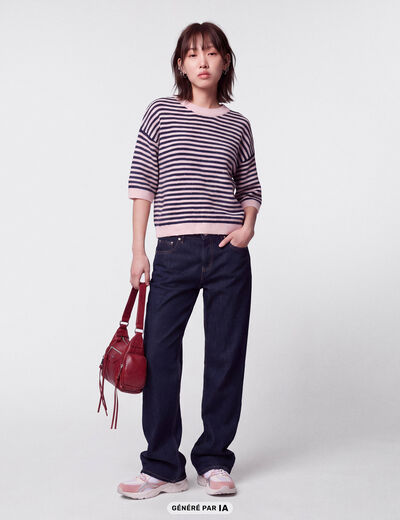 Pull col rond manches 3/4 rose clair