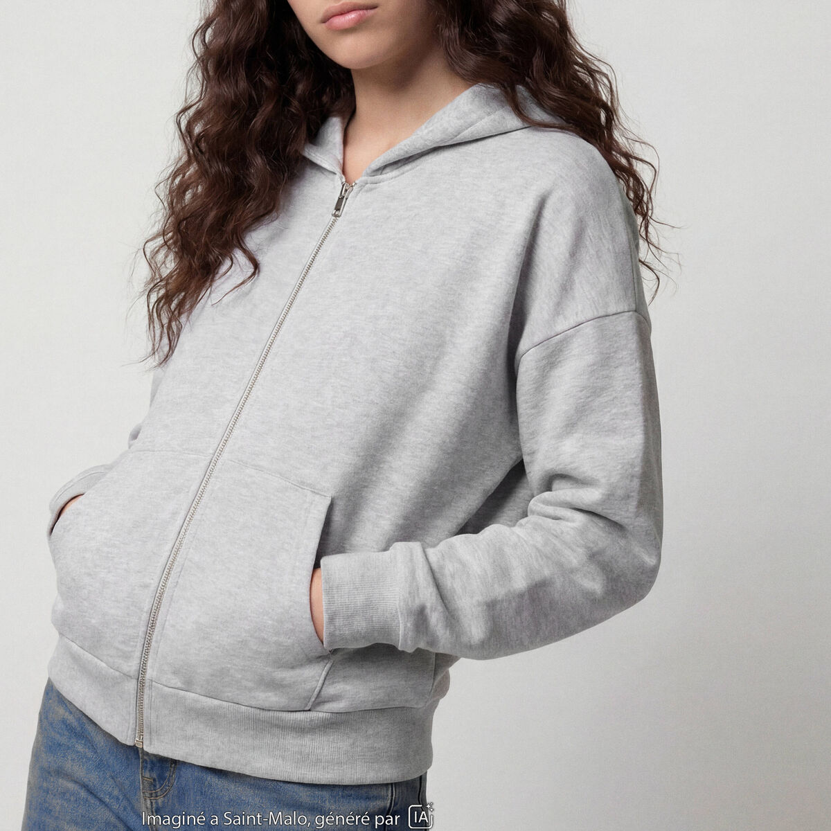 Sweat oversize court &agrave; capuche gris clair ado