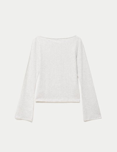 T-shirt cintr&eacute; col rond manches longues blanc