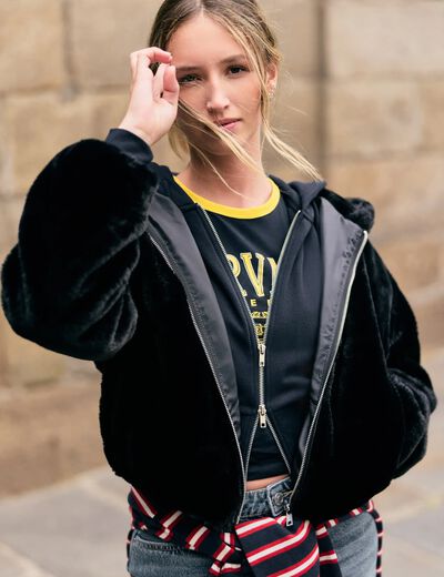 Blouson capuche fausse fourrure noir