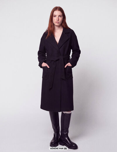 Trench oversize 3/4 col &agrave; pans noir