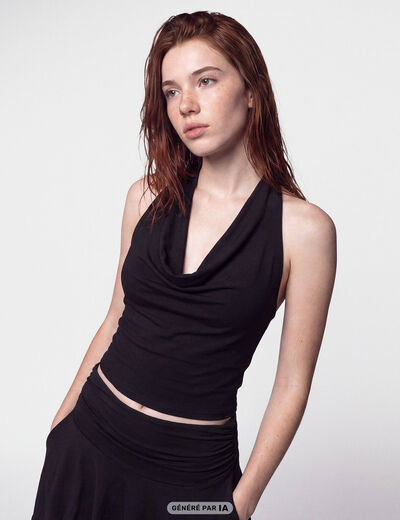 Top ajust&eacute; cropped d&eacute;collet&eacute; dos noir ado