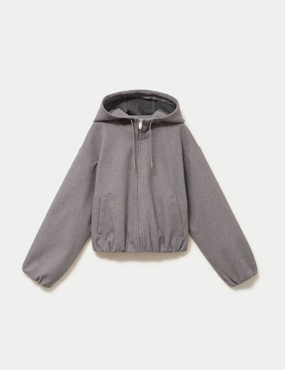 Blouson cropped effet boule &agrave; capuche gris fonc&eacute;