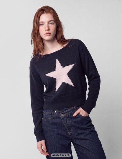 Pull col bateau manches longues strass bleu marine
