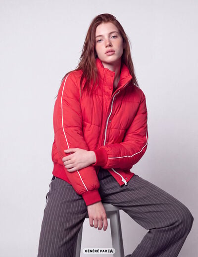 Doudoune droite cropped col montant rouge