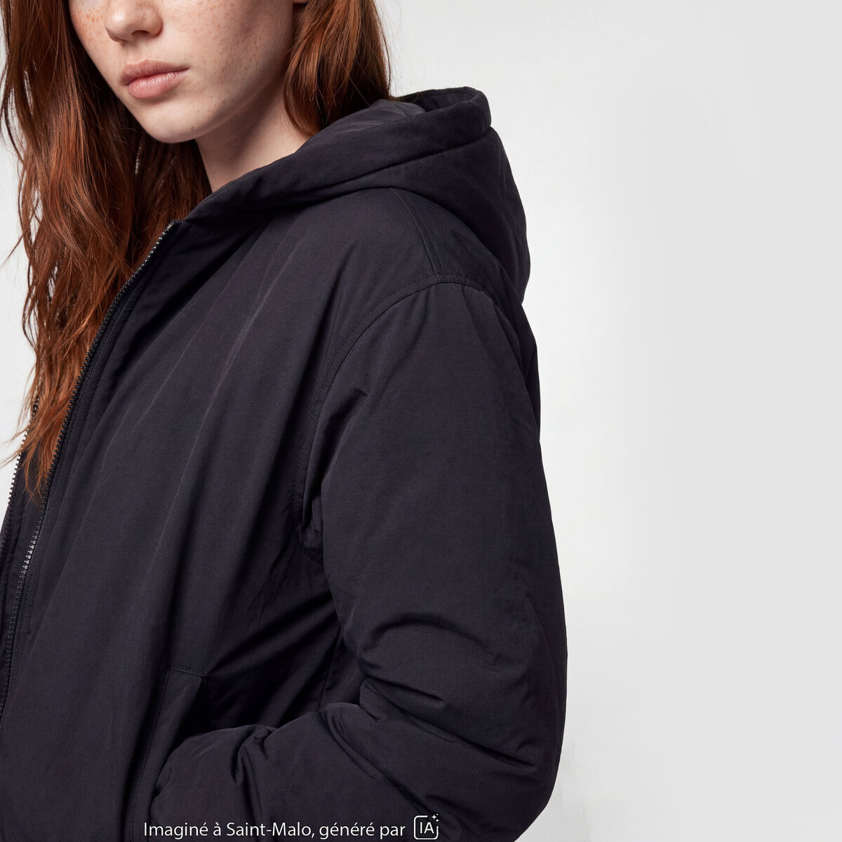 Blouson cropped &agrave; capuche bas resserr&eacute; noir