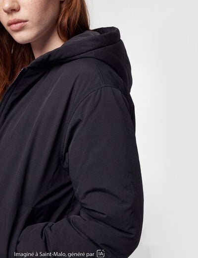 Blouson cropped &agrave; capuche bas resserr&eacute; noir