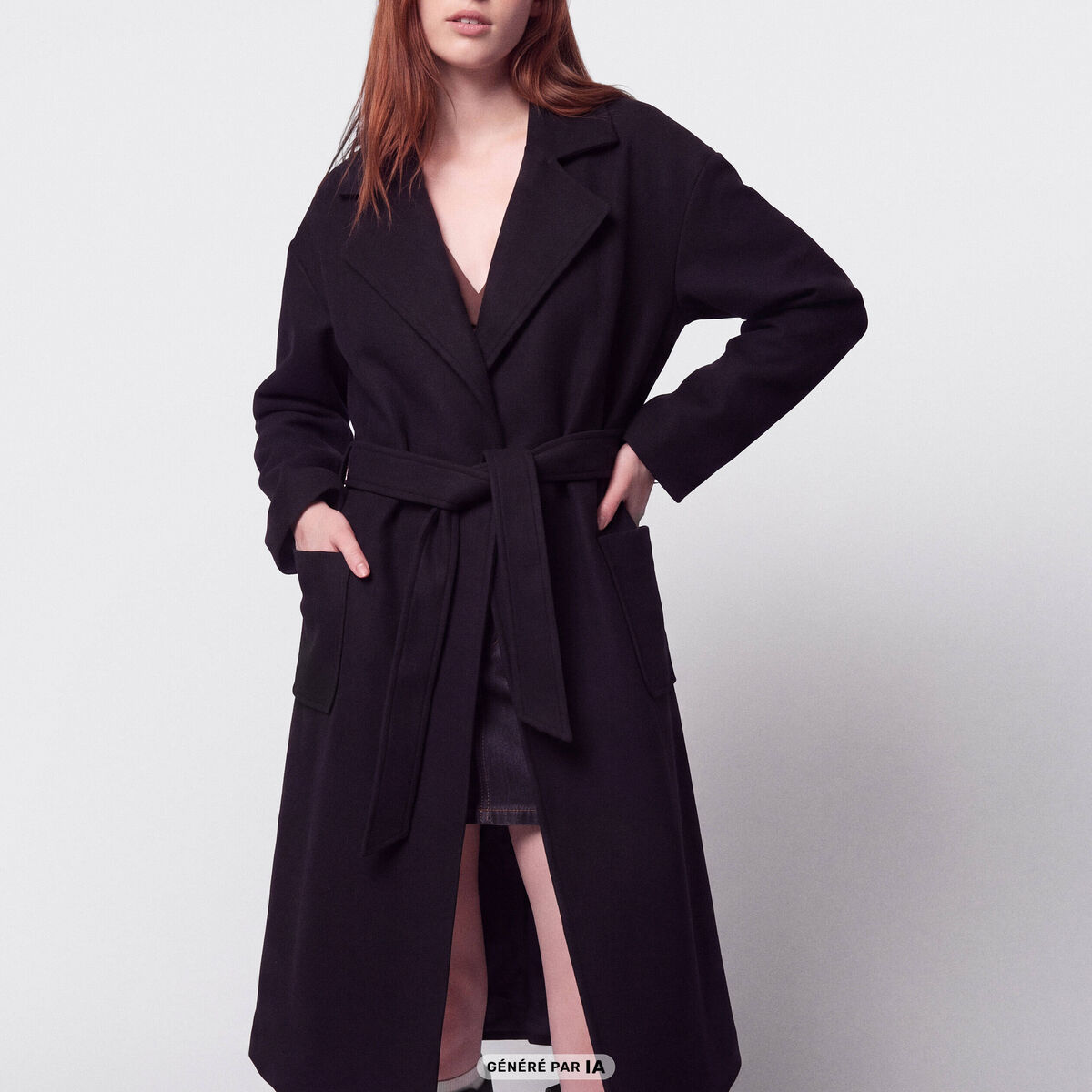 Trench oversize 3/4 col &agrave; pans noir