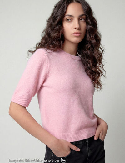 Pull col rond manches courtes rose