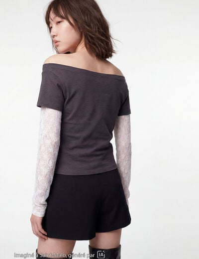 Haut double col bateau manches longues gris