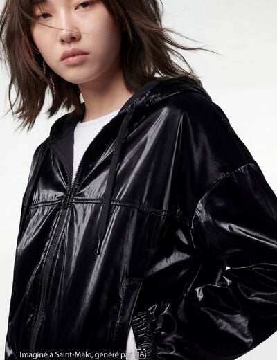 Blouson droit cropped &agrave; capuche velours noir