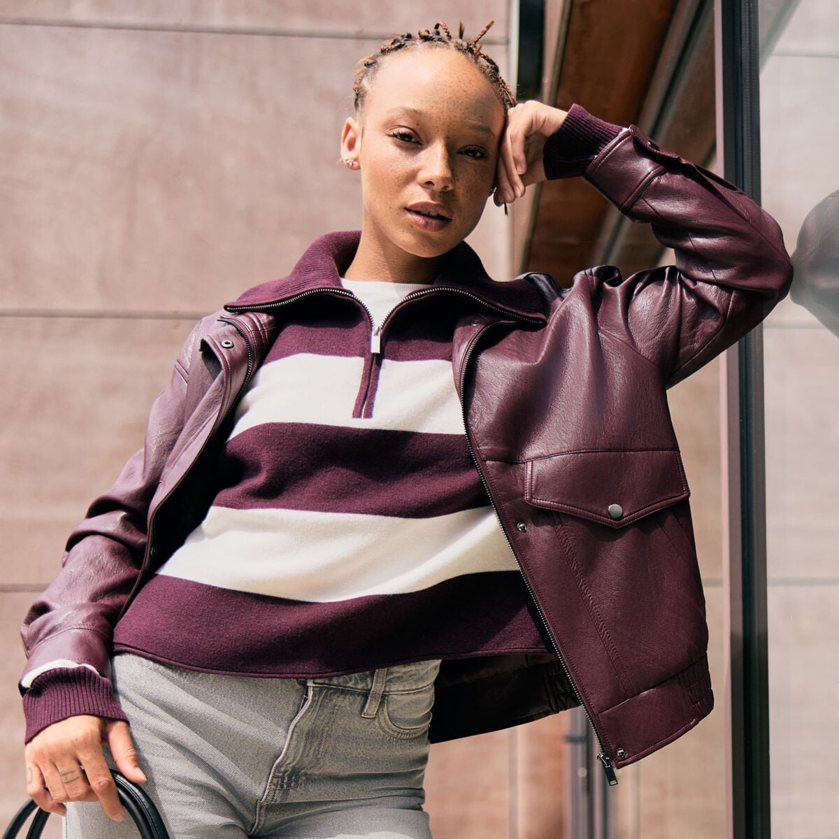 Pull col camionneur manches longues bordeaux