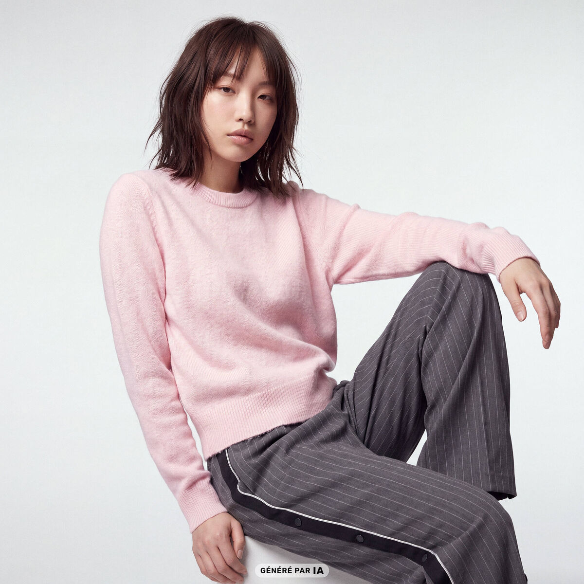 Pull col rond manches longues rose clair