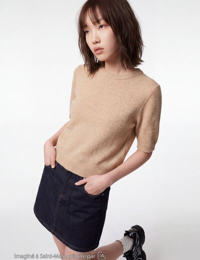 Pull col rond manches courtes beige