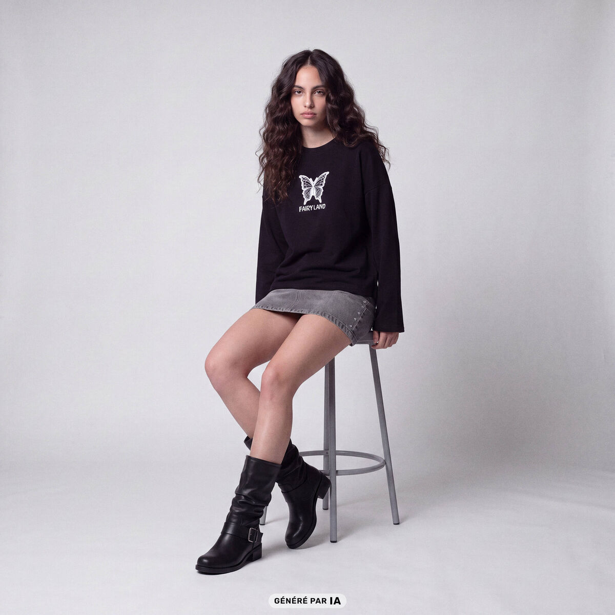 T-shirt ample col rond manches longues noir