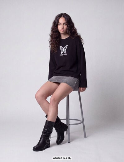 T-shirt ample col rond manches longues noir