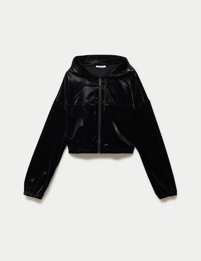 Blouson droit cropped &agrave; capuche velours noir