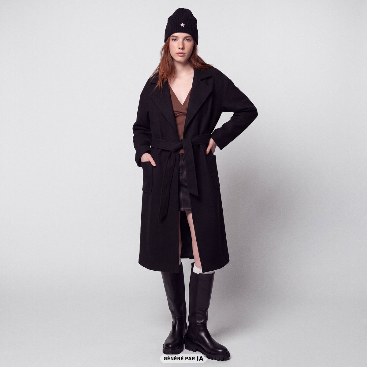 Trench oversize 3/4 col &agrave; pans noir