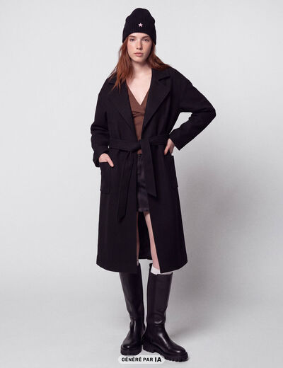 Trench oversize 3/4 col &agrave; pans noir