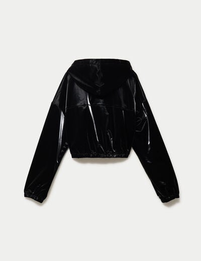 Blouson droit cropped &agrave; capuche velours noir