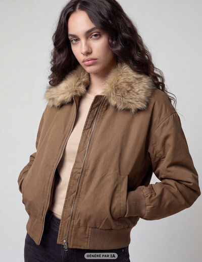 Bomber oversize court fausse fourrure taupe