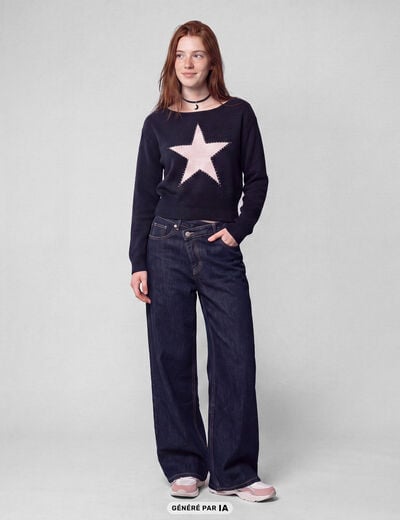 Pull col bateau manches longues strass bleu marine