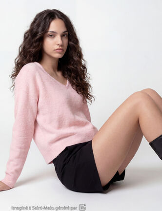 Pull col v manches longues rose clair
