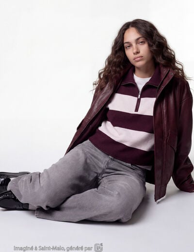 Veste oversize similicuir col biker bordeaux