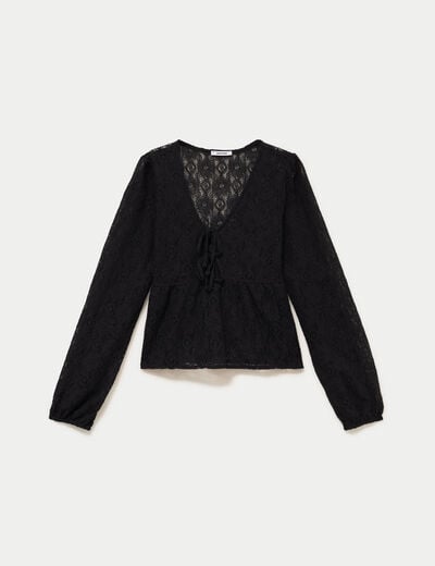 Chemise cintr&eacute;e dentelle col en V noir