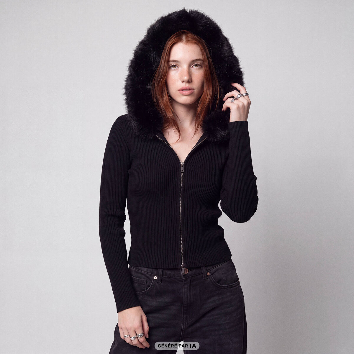 Gilet cintr&eacute; fausse fourrure &agrave; capuche noir