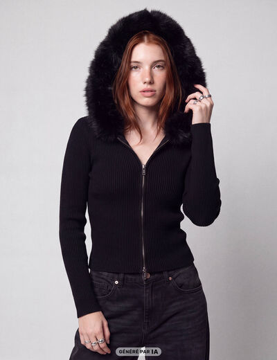 Gilet cintr&eacute; fausse fourrure &agrave; capuche noir
