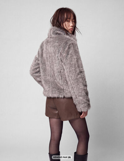 Manteau droit court fausse fourrure bleu gris