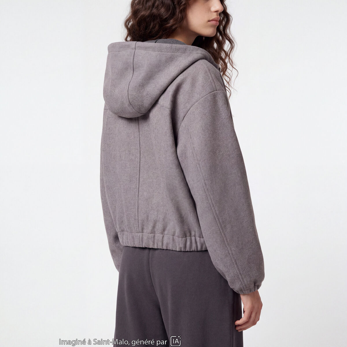 Blouson cropped effet boule &agrave; capuche gris fonc&eacute;