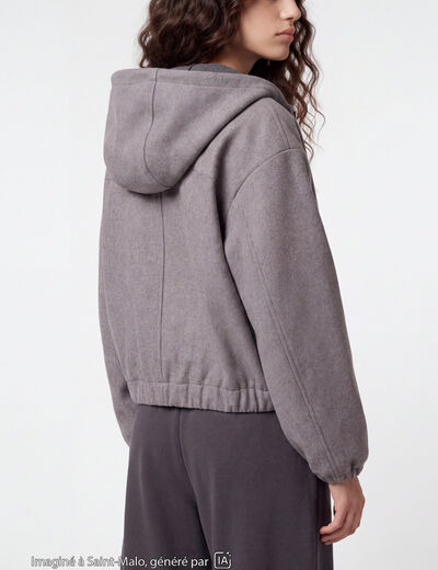 Blouson cropped effet boule &agrave; capuche gris fonc&eacute;