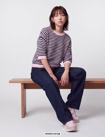 Pull col rond manches 3/4 rose clair