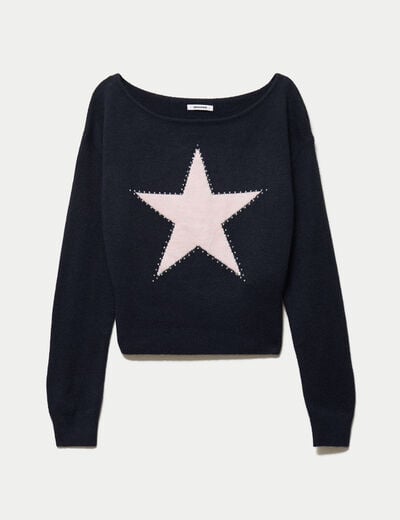Pull col bateau manches longues strass bleu marine
