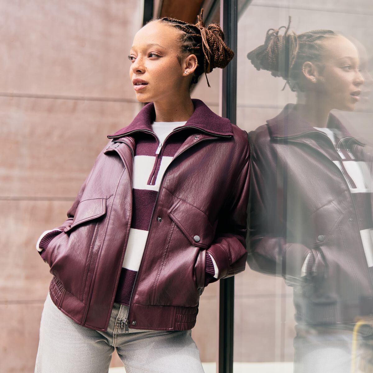 Veste oversize similicuir col biker bordeaux