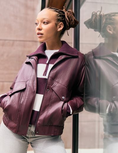 Veste oversize similicuir col biker bordeaux