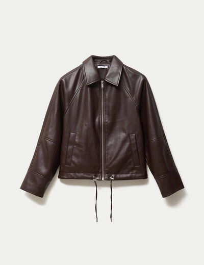 Blouson oversize court similicuir marron fonc&eacute;