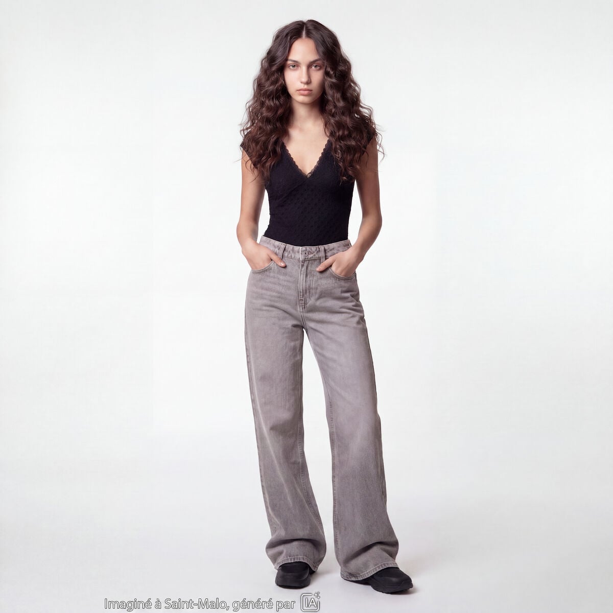 Jean Lenny wide leg taille standard denim gris