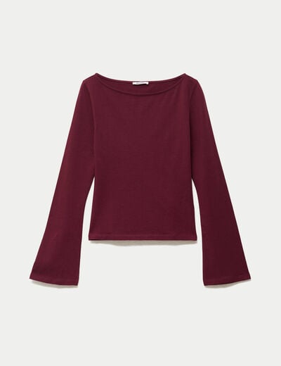 T-shirt cintr&eacute; col rond manches longues bordeaux