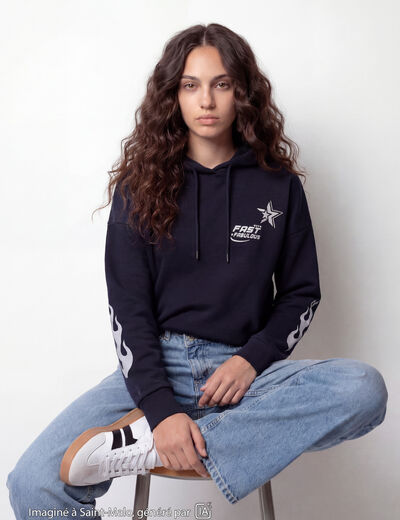 Sweat &agrave; capuche manches longues bleu marine