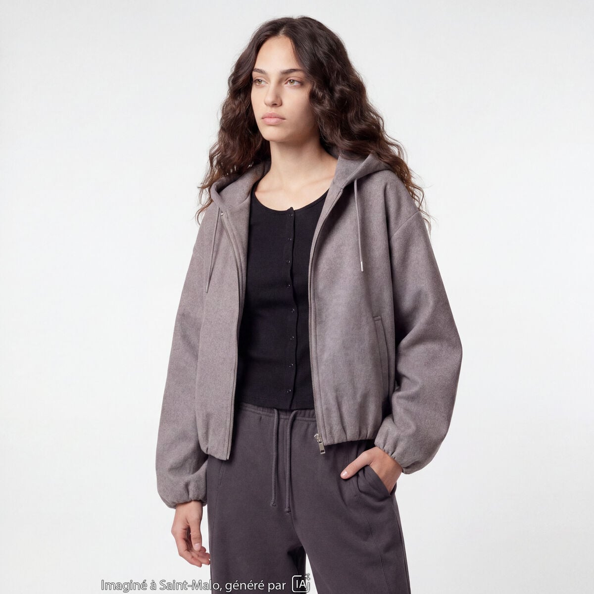 Blouson cropped effet boule &agrave; capuche gris fonc&eacute;